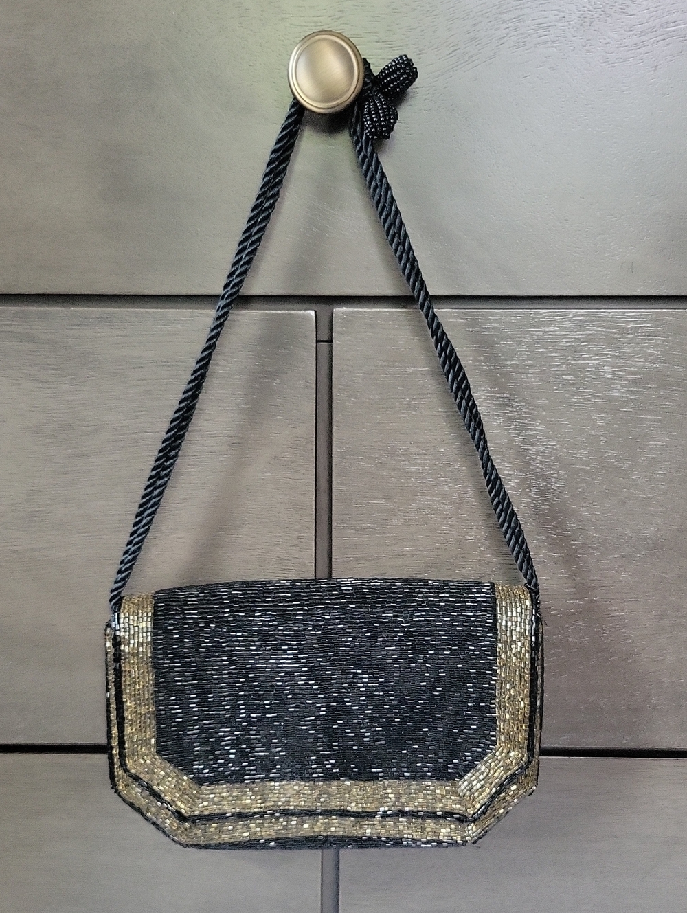 Vintage Black and Gold Beaded Wristlet Clutch